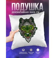 Декоративная подушка Волк арт серо-зеленый